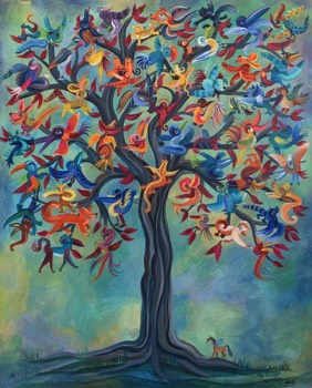  “Árbol de los animales fantásticos” ( 3. Versión), 2020, acrílico sobre tela, 100 x 80 cm 