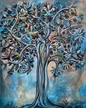  “Árbol del cambio”, 2020, Acrílico y pegamento sobre tela, 100 x 80 cm 